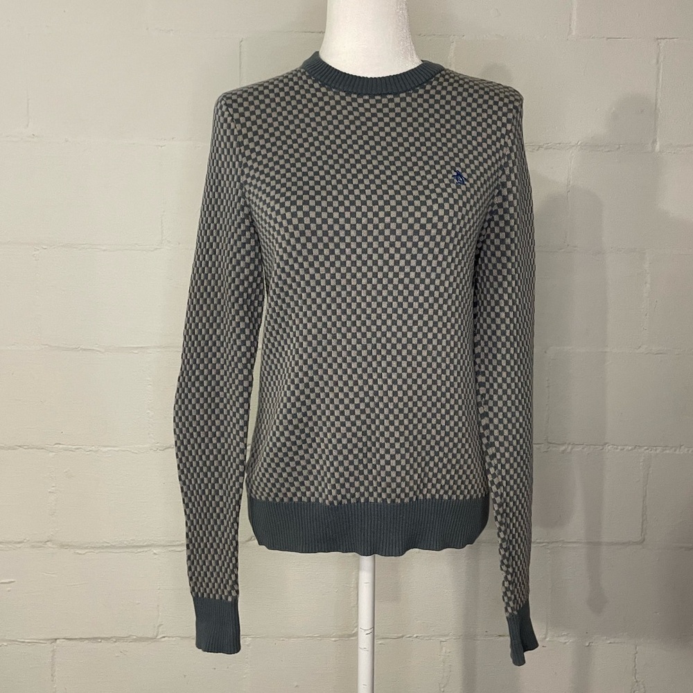 Original Penguin Checker Knit Crewneck Sweater in Light Gray and Navy